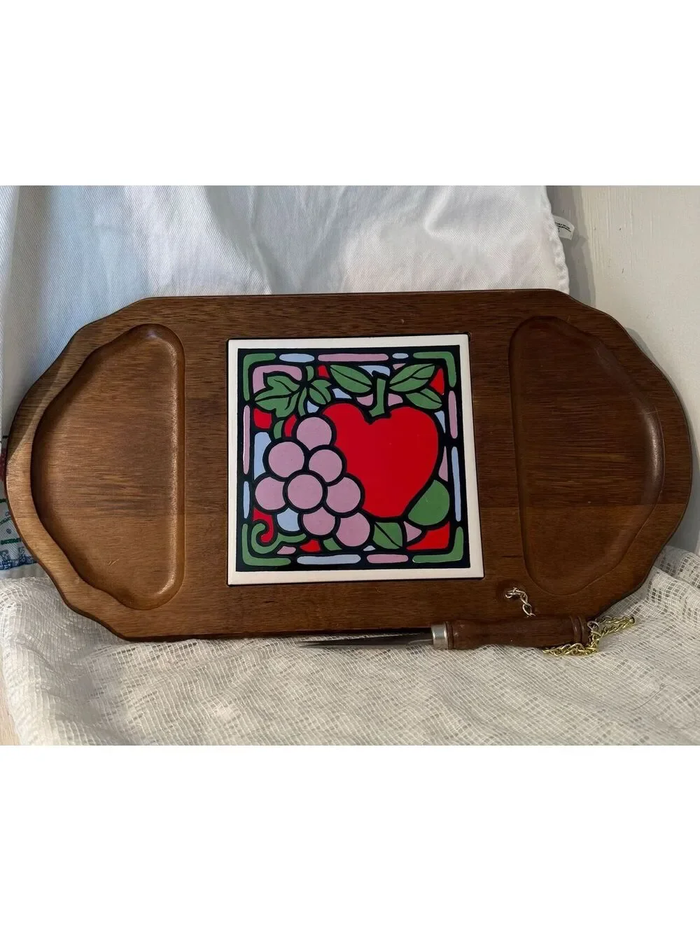 56 Vintage Wooden Cheese Board with original knife